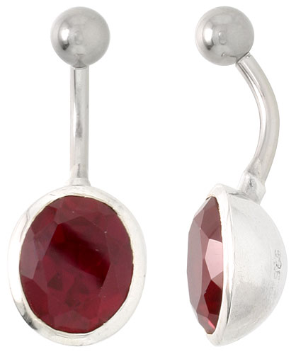 Large Oval Belly Button Ring with Red Cubic Zirconia on Sterling Silver Setting