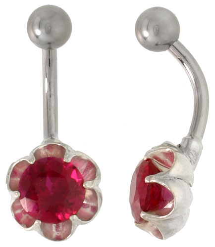 Flower Belly Button Ring with Ruby Red Cubic Zirconia on Sterling Silver Setting