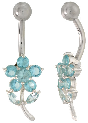 Flower Belly Button Ring with Blue Topaz Cubic Zirconia on Sterling Silver Setting