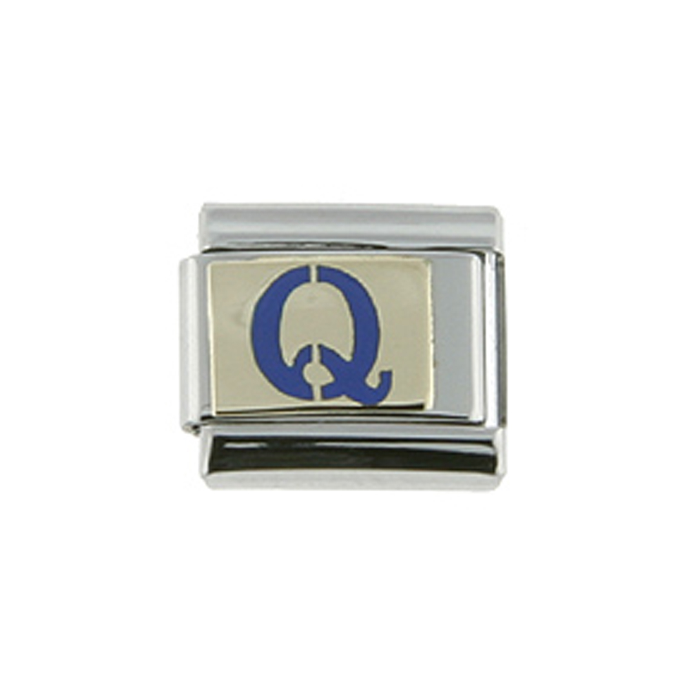 Stainless Steel 18k Gold Italian Charm Initial Letter Q for Italian Charm Bracelets Blue Enamel Stainless Steel 18k Gold Italian Charm Initial Letter Q for Italian Charm Bracelets Blue Enamel