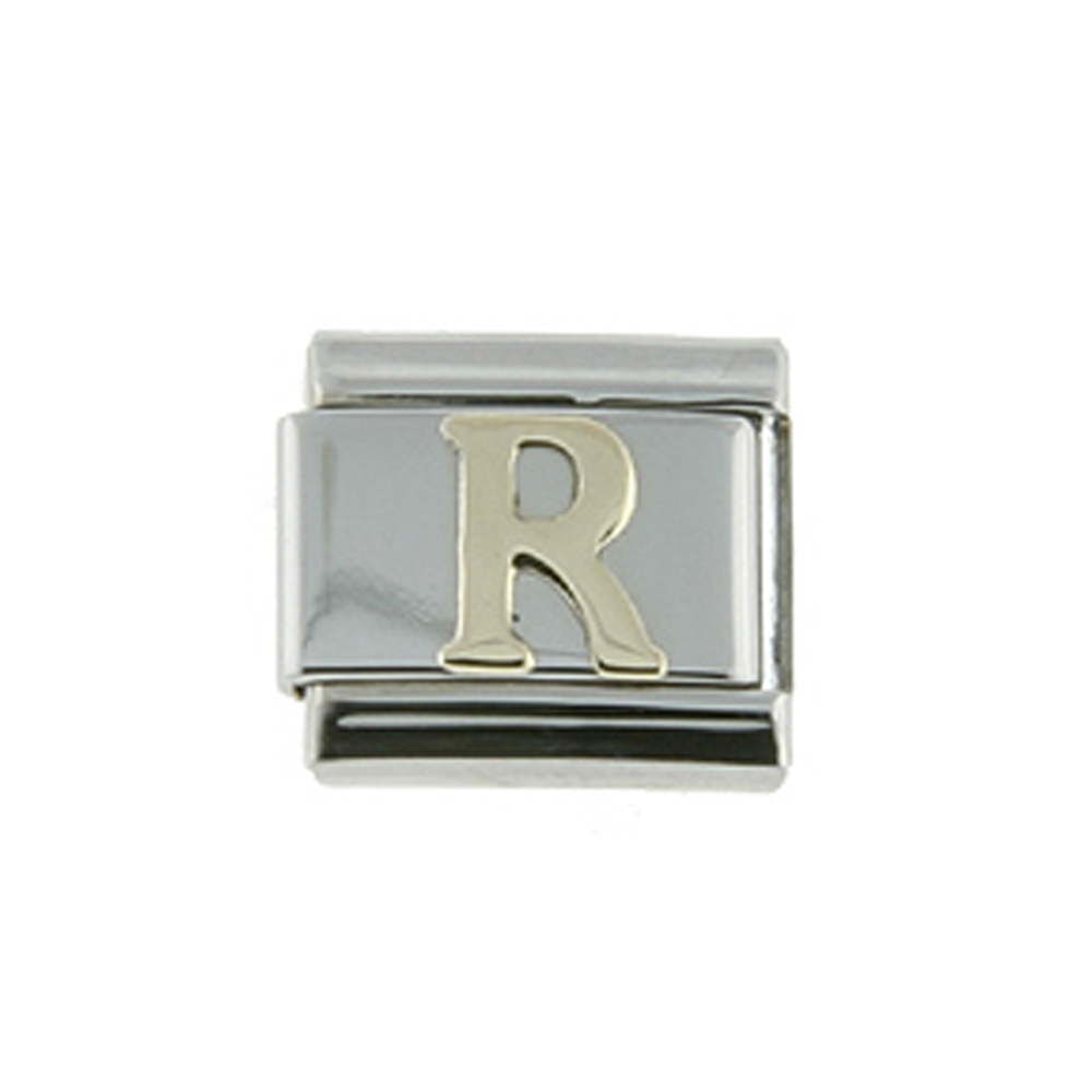 Stainless Steel 18k Gold Italian Charm Initial Letter R for Italian Charm Bracelets Stainless Steel 18k Gold Italian Charm Initial Letter R for Italian Charm Bracelets