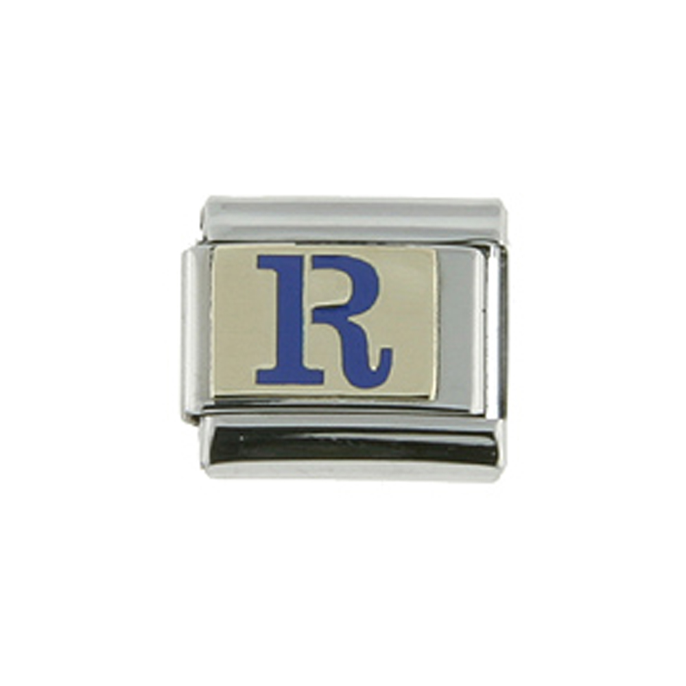 Stainless Steel 18k Gold Italian Charm Initial Letter R for Italian Charm Bracelets Blue Enamel Stainless Steel 18k Gold Italian Charm Initial Letter R for Italian Charm Bracelets Blue Enamel