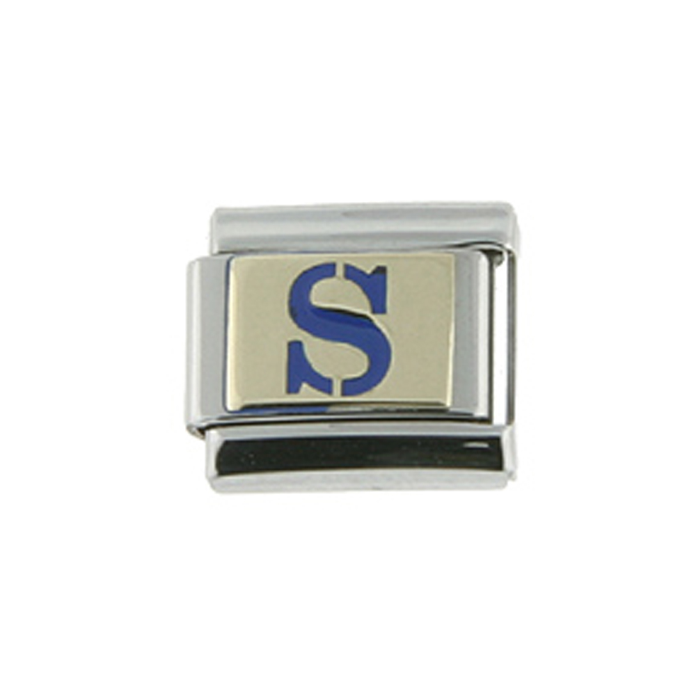 Stainless Steel 18k Gold Italian Charm Initial Letter S for Italian Charm Bracelets Blue Enamel Stainless Steel 18k Gold Italian Charm Initial Letter S for Italian Charm Bracelets Blue Enamel