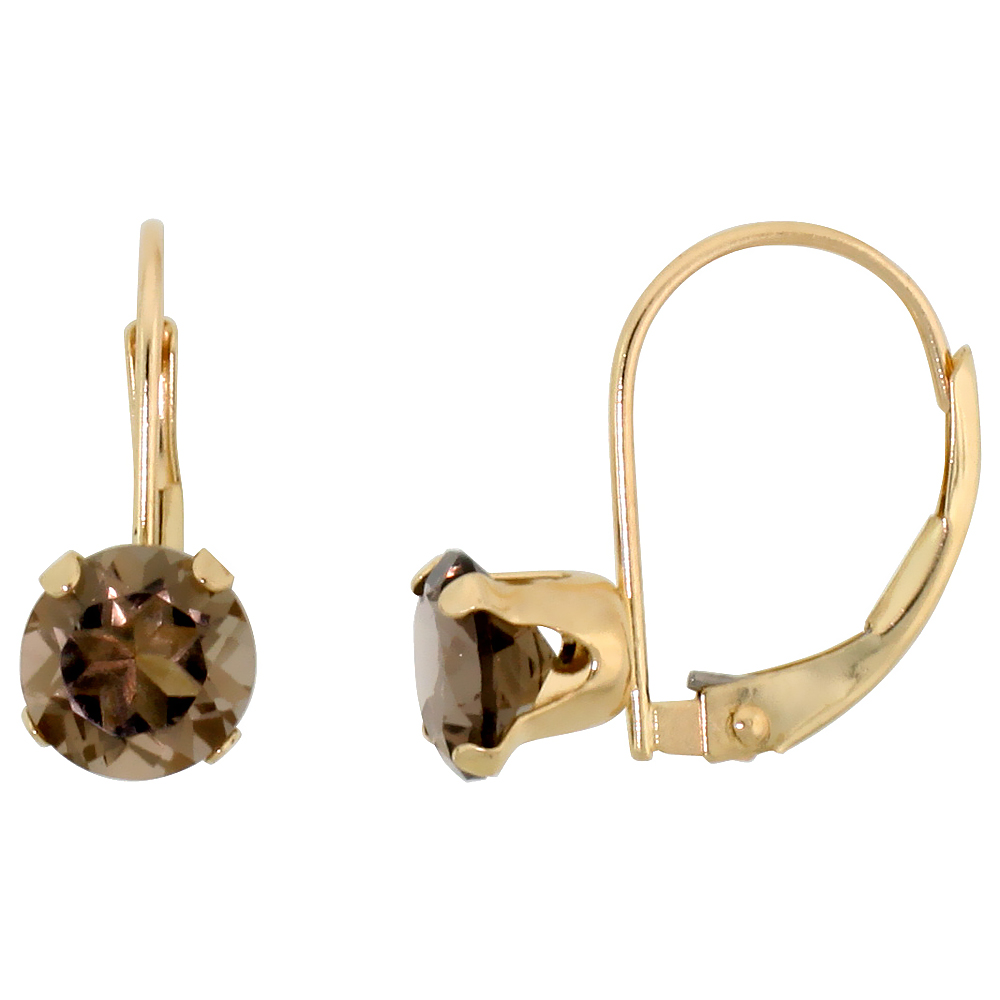 10k Yellow Gold Natural Smoky Topaz Leverback Earrings 6mm Brilliant Cut 9/16 inch long