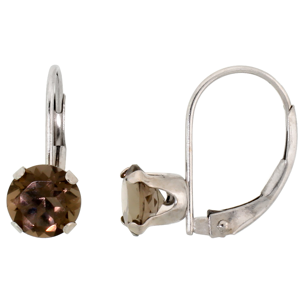 10k White Gold Natural Smoky Topaz Leverback Earrings 6mm Brilliant Cut 9/16 inch long