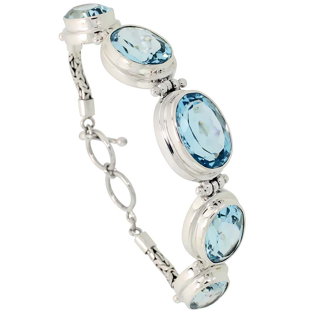 Sterling Silver Bali Style Byzantine Toggle Bracelet, w/ one 19x14mm, two 17x13mm & two 15x11mm Oval Cut Natural Blue Topaz Stones, 5/8" (16 mm) wide