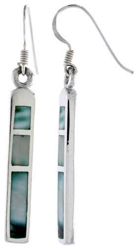 Sterling Silver Bar Shell Earrings w/ Blue Mother of Pearl inlay, 1 7/8" (48 mm) tall