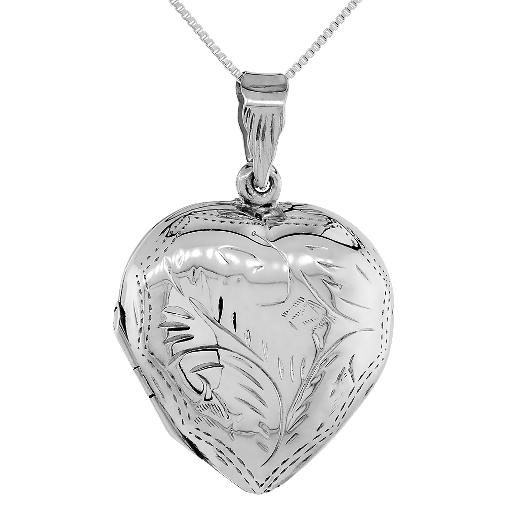 large 1 1/8 inch Sterling silver Engraved Heart Locket Pendant for Women Handmade No Chain Included