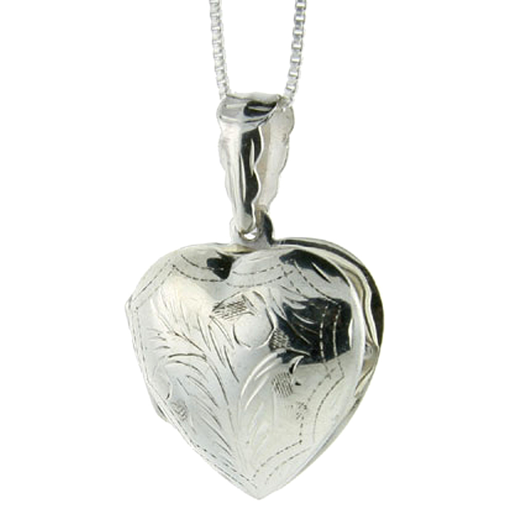 13/16 inch Sterling silver Engraved Heart Locket Pendant for Women Handmade No Chain Included