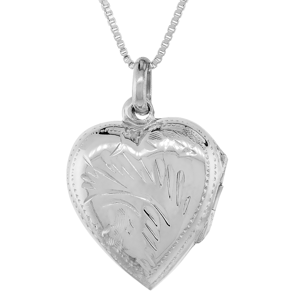 Small 5/8 inch Sterling silver Engraved Heart Locket Pendant for Women Handmade No Chain Included