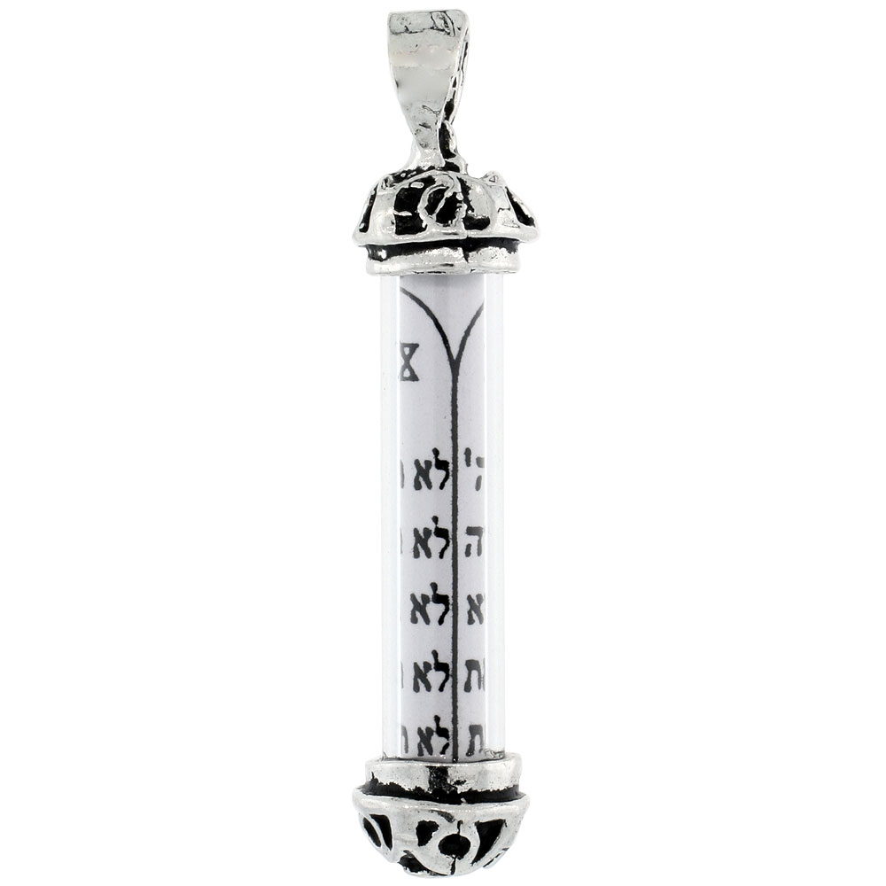 Sterling Silver Mezuzah Pendant w/ the Ten Commandments Filigree End Caps Glass Case 1 3/8 inch
