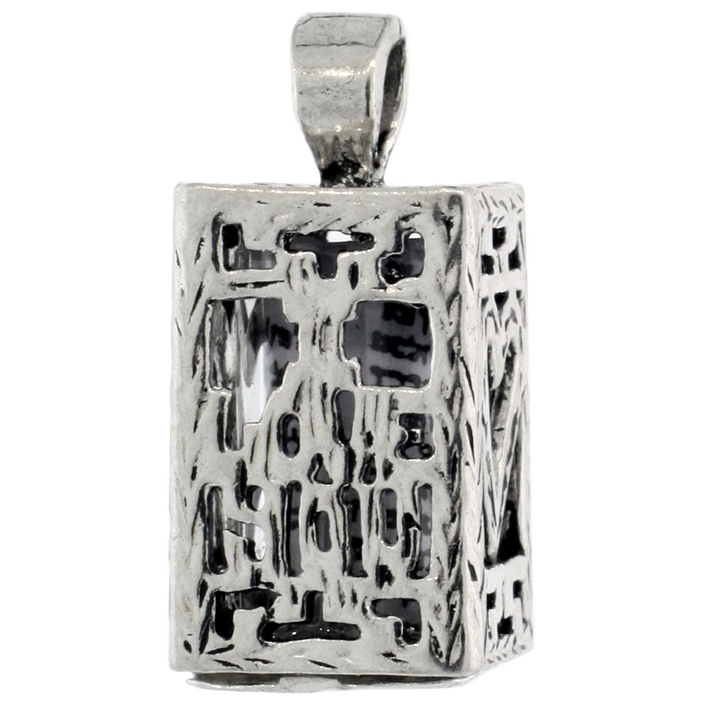 Sterling Silver Mezuzah Pendant w/ Heart Cut Out & I Love You Pattern Cut Out 5/8 inch