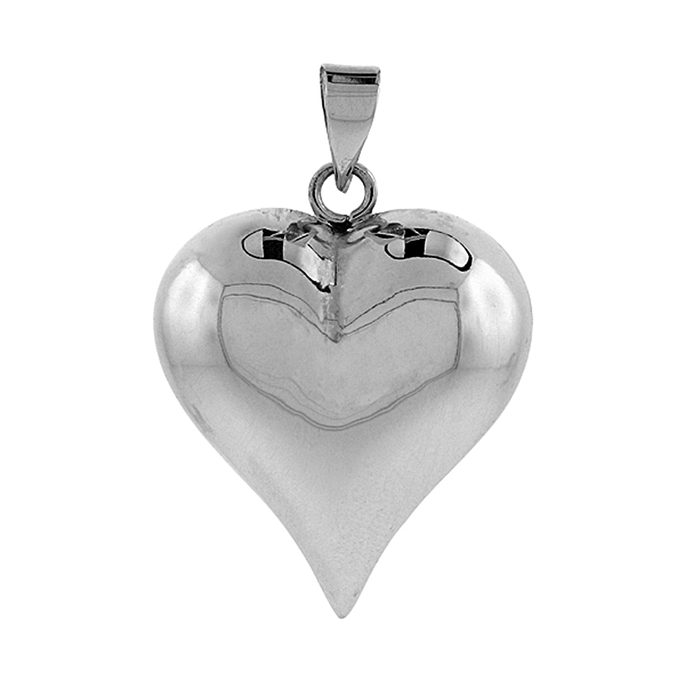 Sterling Silver High Polished 1 1/4" Puffed Heart, with 18" Box chain.