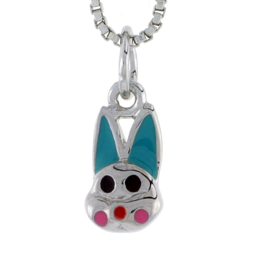 Sterling Silver Child Size Rabbit Head Pendant, w/ Aqua Green & Pink Enamel Design, 1/2" (12 mm) tall