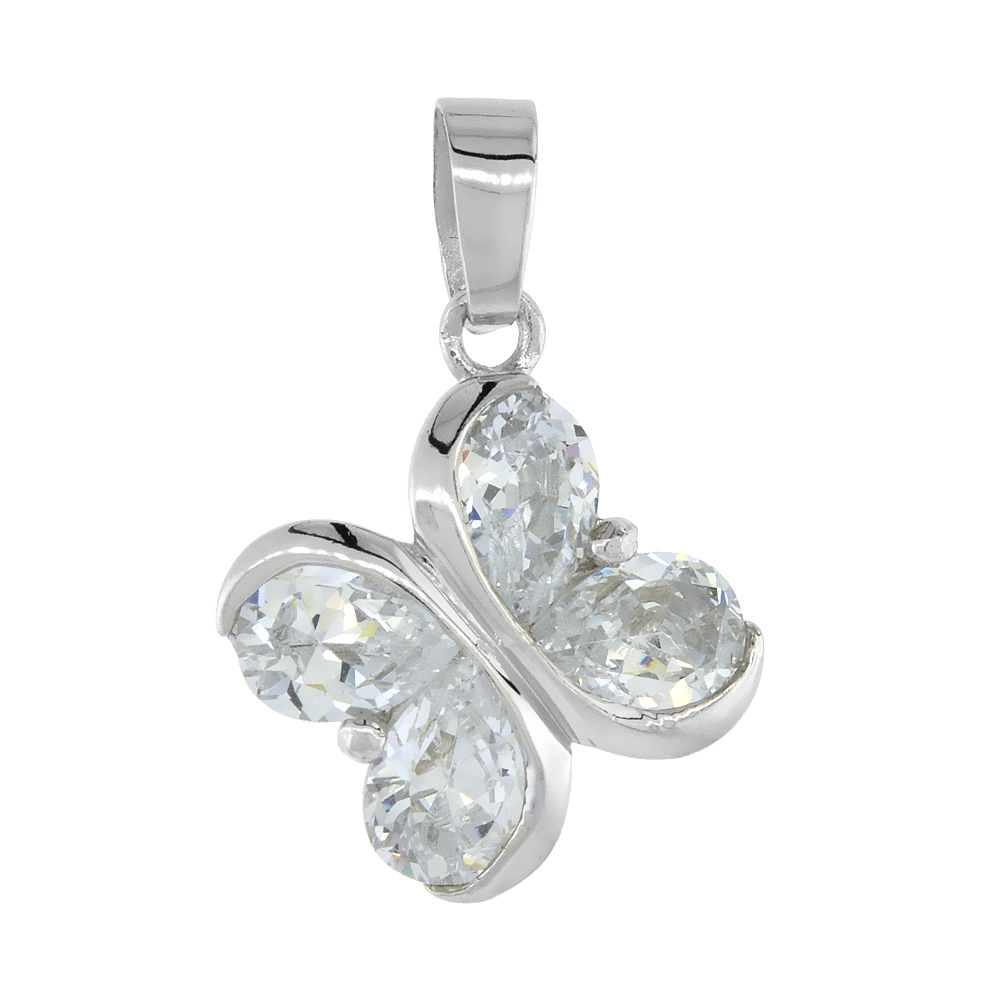 Sterling Silver Butterfly Pendant w/ Pear Cut CZ Stones, 5/8" (16 mm) tall