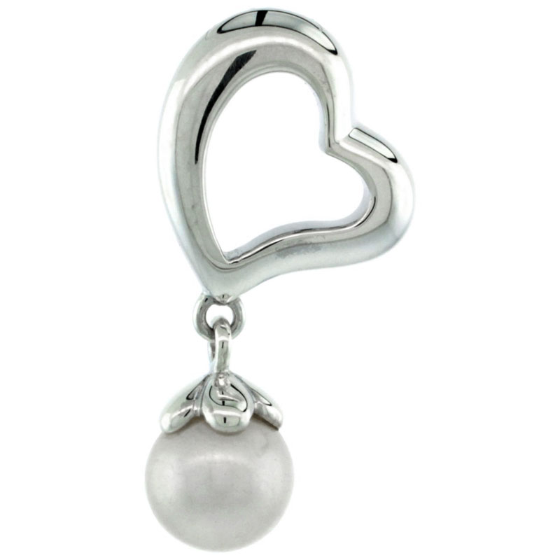 Sterling Silver Fancy Heart Cut Out w/ Dangle Pearl Pendant 1 in. (26 mm), High Polished Finish