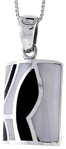 Sterling Silver Rectangular Shell Shell Pendant, w/ Black & White Mother of Pearl inlay, 1 1/4" (32 mm) tall& 18" Thin Snake Cha