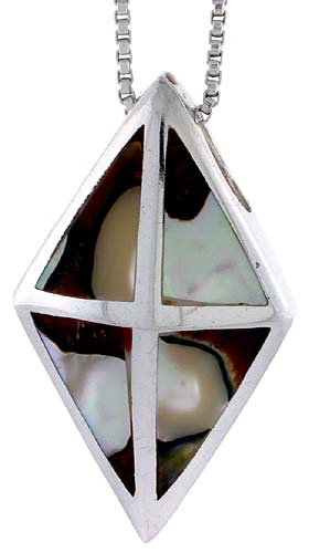 Sterling Silver Diamond-shaped Slider Shell Pendant, w/ Colorful Mother of Pearl inlay, 1 5/16" (33 mm) tall& 18" Thin Snake Cha