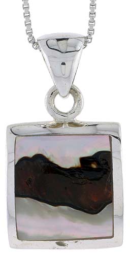 Sterling Silver Square Shell Pendant, w/ Colorful Mother of Pearl inlay, 1" (25 mm) tall& 18" Thin Snake Chain