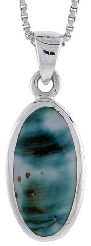 Sterling Silver Oval Shell Pendant, w/ Blue-Green Mother of Pearl inlay, 7/8" (22 mm) tall& 18" Thin Snake Chain