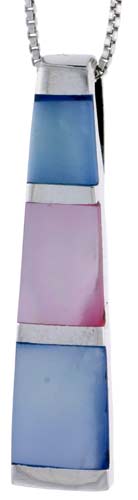Sterling Silver Tower Slider Shell Pendant, w/ Pink & Blue Mother of Pearl inlay, 1 11/16" (43 mm) tall& 18" Thin Snake Chain