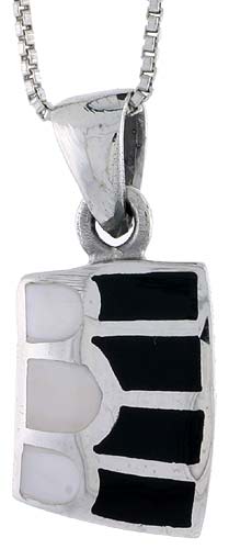 Sterling Silver Striped Rectangular Shell Pendant, w/ Black & White Mother of Pearl inlay, 7/8" (22 mm) tall& 18" Thin Snake Cha