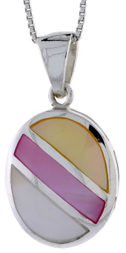Sterling Silver Striped Oval Shell Pendant, w/ Yellow, Pink & Blue Mother of Pearl inlay, 1 1/16" (27 mm) tall& 18" Thin Snake C
