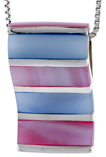 Sterling Silver Striped Rectangular Slider Shell Pendant, w/ Pink & Blue Mother of Pearl inlay, 1" (26 mm) tall& 18" Thin Snake 