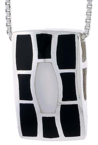 Sterling Silver Rectangular Slider Shell Pendant, w/ Black & White Mother of Pearl inlay, 13/16" (21 mm) tall& 18" Thin Snake Ch