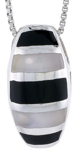 Sterling Silver Striped Oval Slider Shell Pendant, w/ Black & White Mother of Pearl inlay, 15/16" (24 mm) tall& 18" Thin Snake C