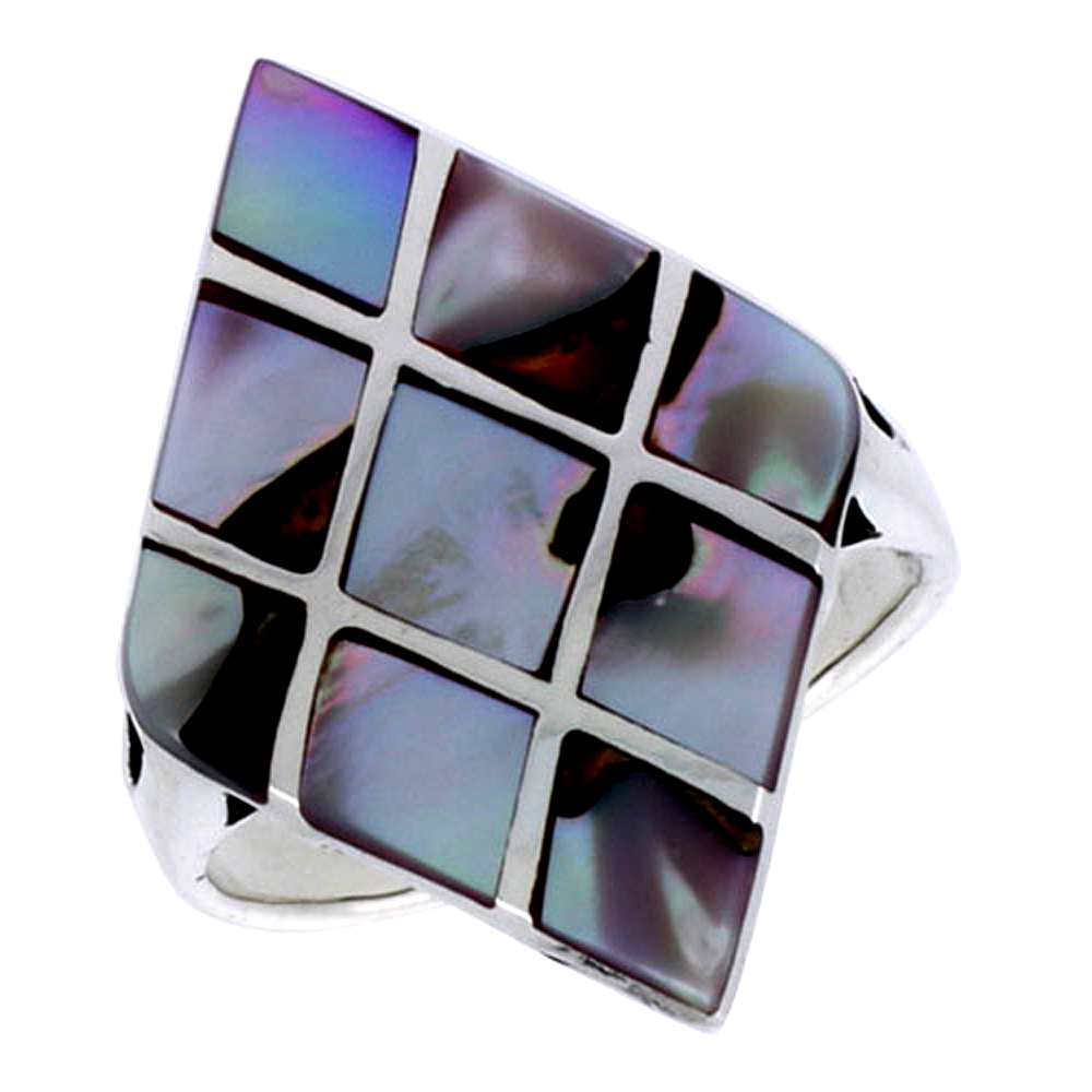 Sterling Silver Diamond-shaped Shell Ring, w/Colorful Mother of Pearl Inlay, 1 1/8" (29 mm) wide