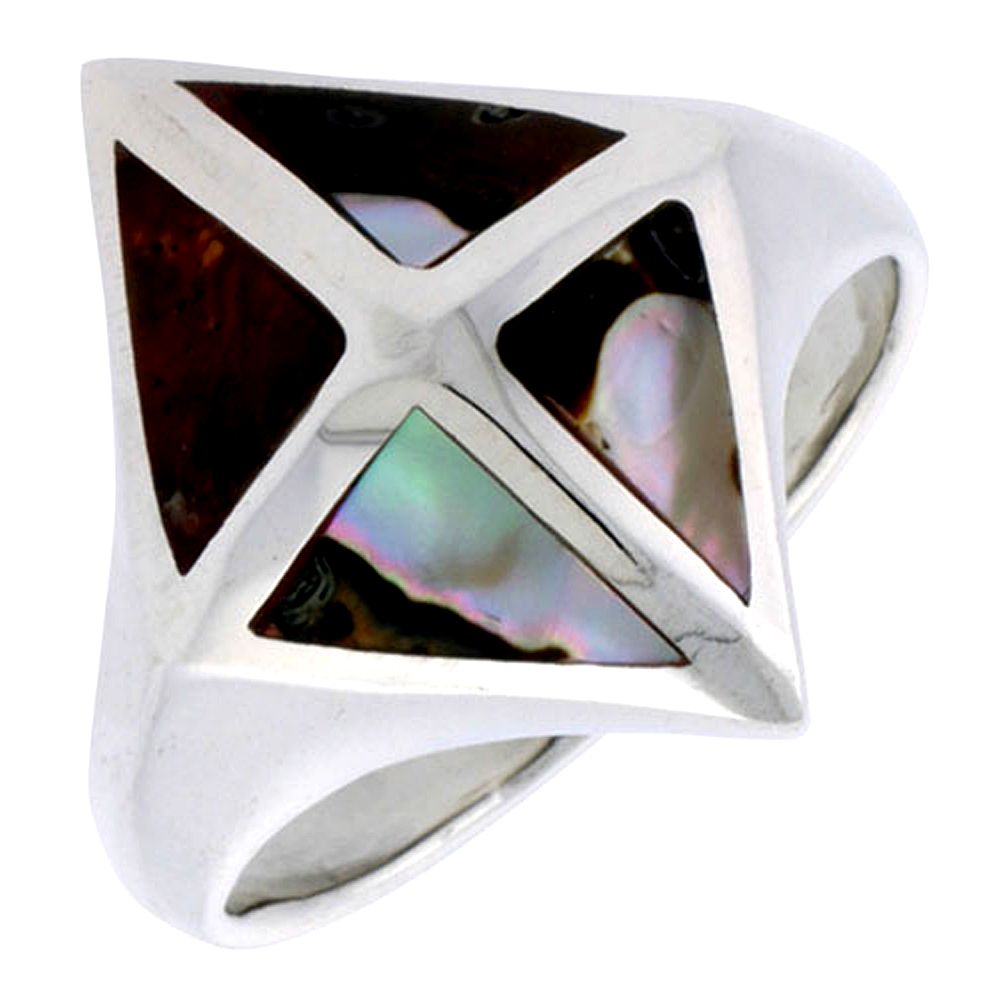 Sterling Silver Diamond-shaped Shell Ring, w/Brown & White Mother of Pearl Inlay, 7/8" (22 mm) wide