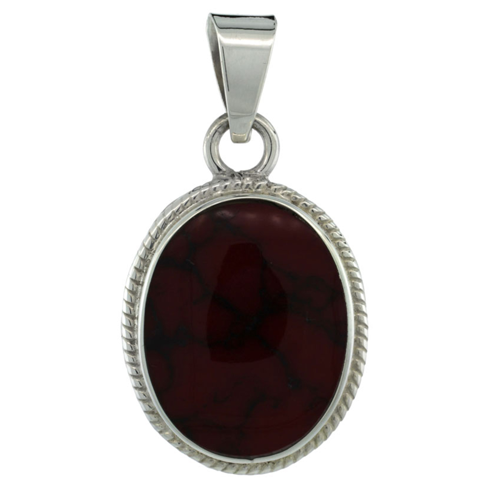 Sterling Silver Oval Red Malachite Pendant w/ Braided Rope Edge, 1 3/8 inch tall