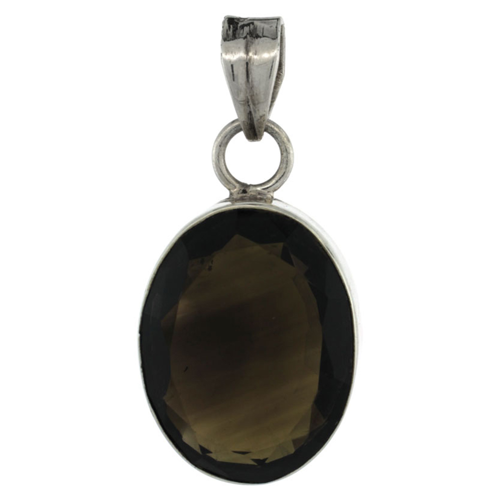 Sterling Silver Oval Smoky Quartz Stone Pendant 1 5/16 inch tall
