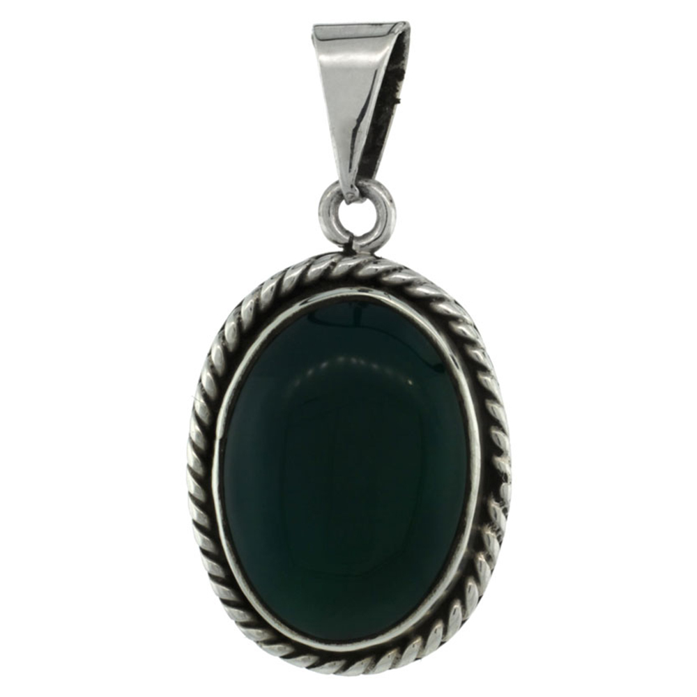 Sterling Silver Oval Malachite Stone Pendant w/ Braided Rope Edge, 1 inch tall