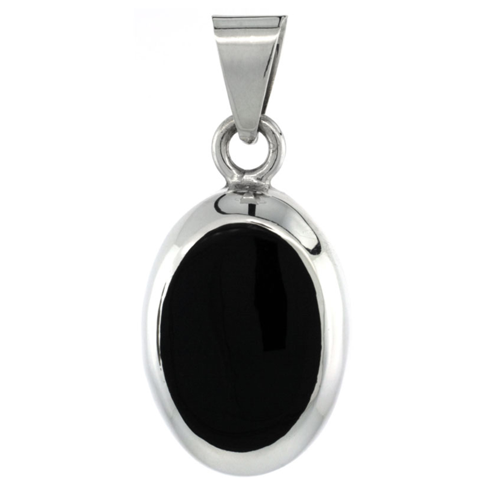 Sterling Silver Black Obsidian Pendant Large Oval Shape, 1 1/2 inch tall