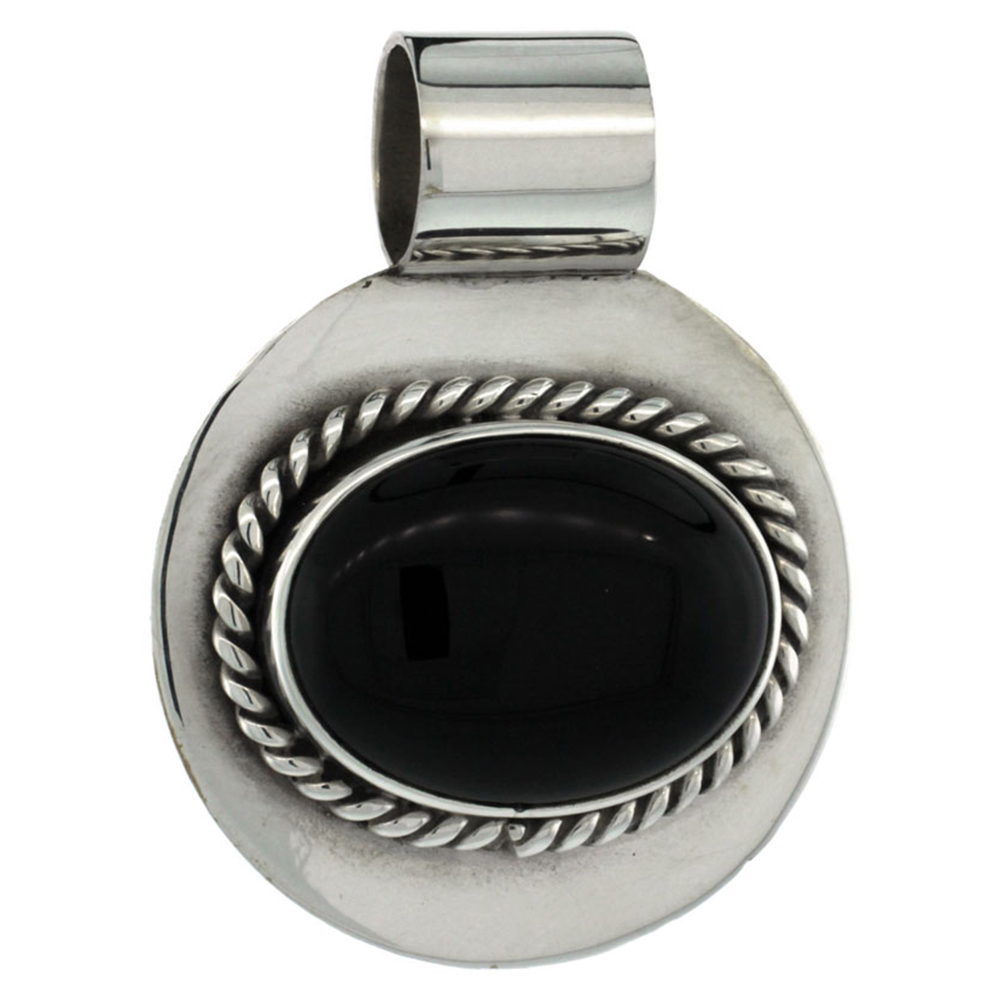 Sterling Silver Black Obsidian Slide Pendant Oval Stone Round Base, 1 3/16