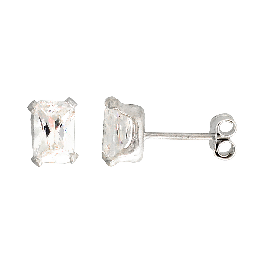 Sterling Silver Cubic Zirconia Emerald cut Earrings Studs 1 1/4 carat/pair