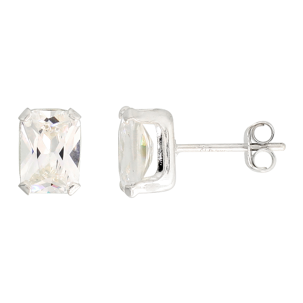 Sterling Silver Cubic Zirconia Emerald cut Earrings Studs 2 carat/pair