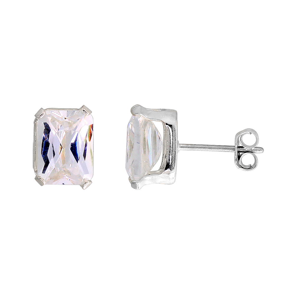 Sterling Silver Cubic Zirconia Emerald cut Earrings Studs 3.5 carat/pair