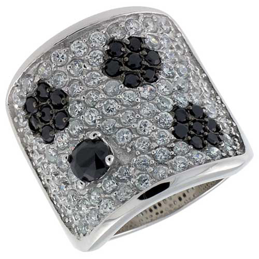 Sterling Silver Floral Band, Rhodium Plated w/ 2mm Black & White CZ's, 13/16" (21 mm) wide