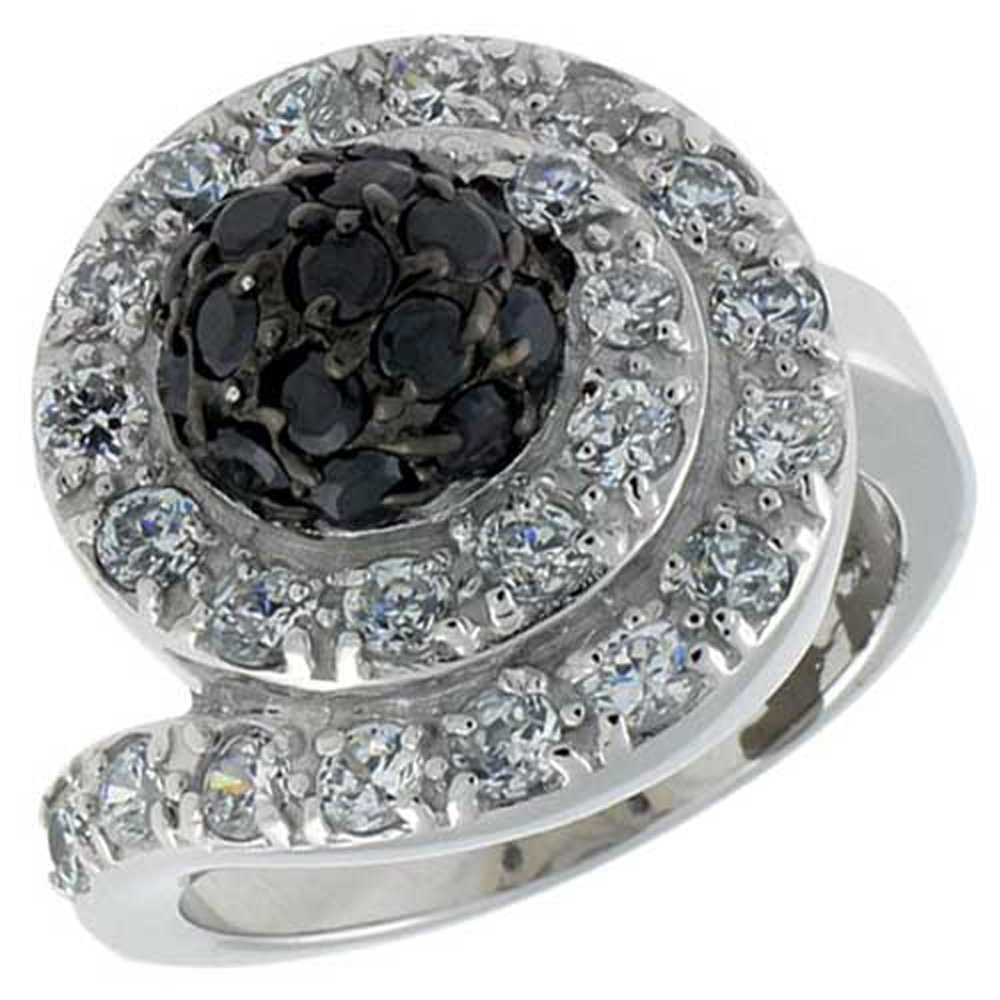 Sterling Silver Spiral Ring, Rhodium Plated w/ 2mm 23 White &16 Black CZ's, 11/16" (17 mm) wide