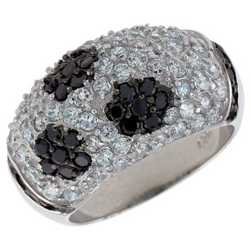 Sterling Silver Floral Designed Dome Ring, Rhodium Plated w/ 2mm CZ's, 9/16" (14 mm) wide