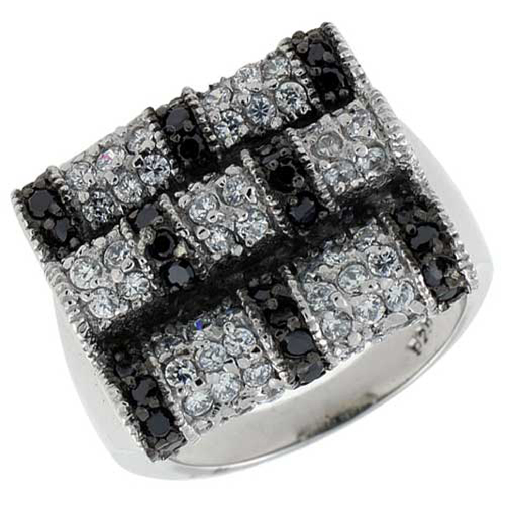 Sterling Silver Square Ring, Rhodium Plated w/ 2mm Black & White CZ's, 11/16" (18 mm) wide