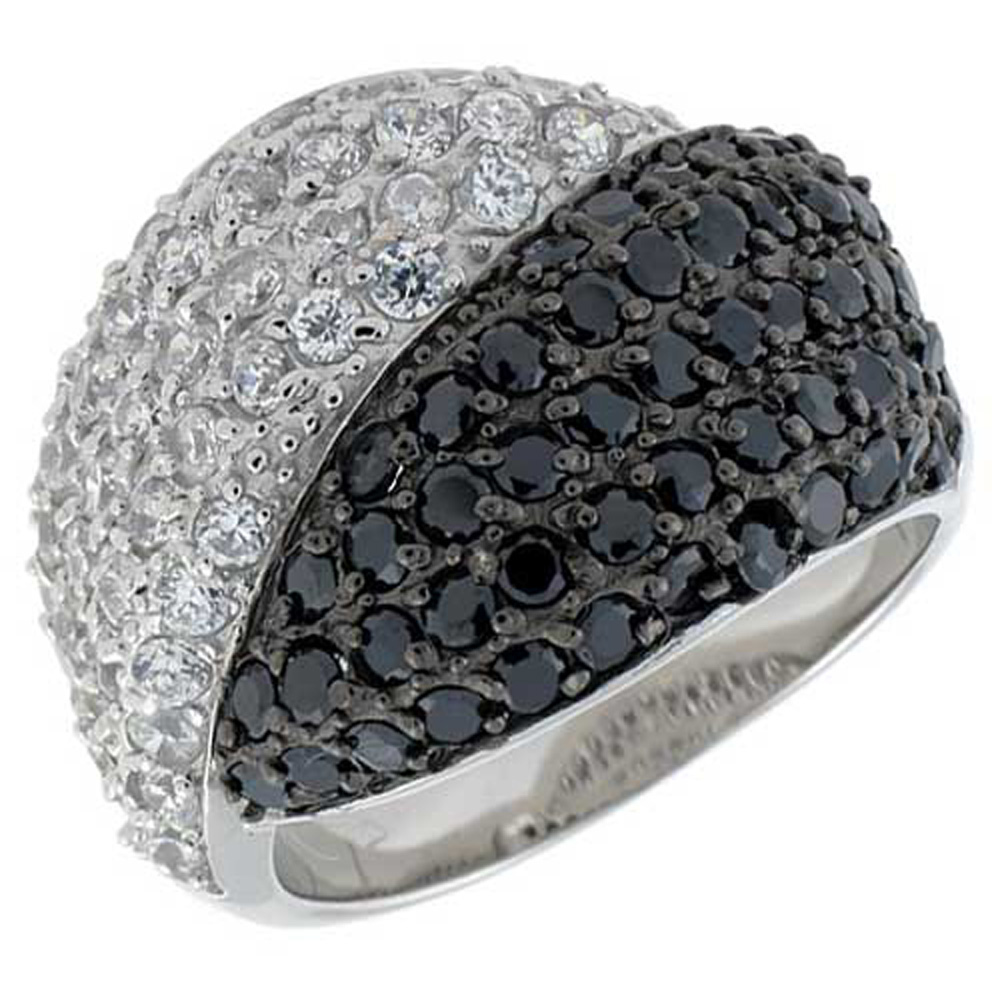 Sterling Silver Dome Ring, & Rhodium Plated w/ 2mm High Quality Black & White CZ's, 3/4" (19 mm) wide