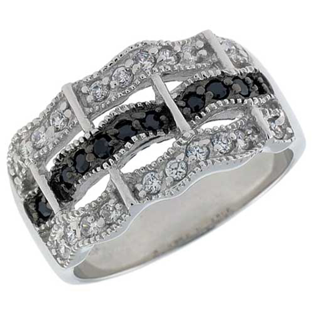 Sterling Silver & Rhodium Plated Wavy Band, w/ Tiny High Quality CZ's (20 White, 10 Black), 1/2" (12 mm) wide