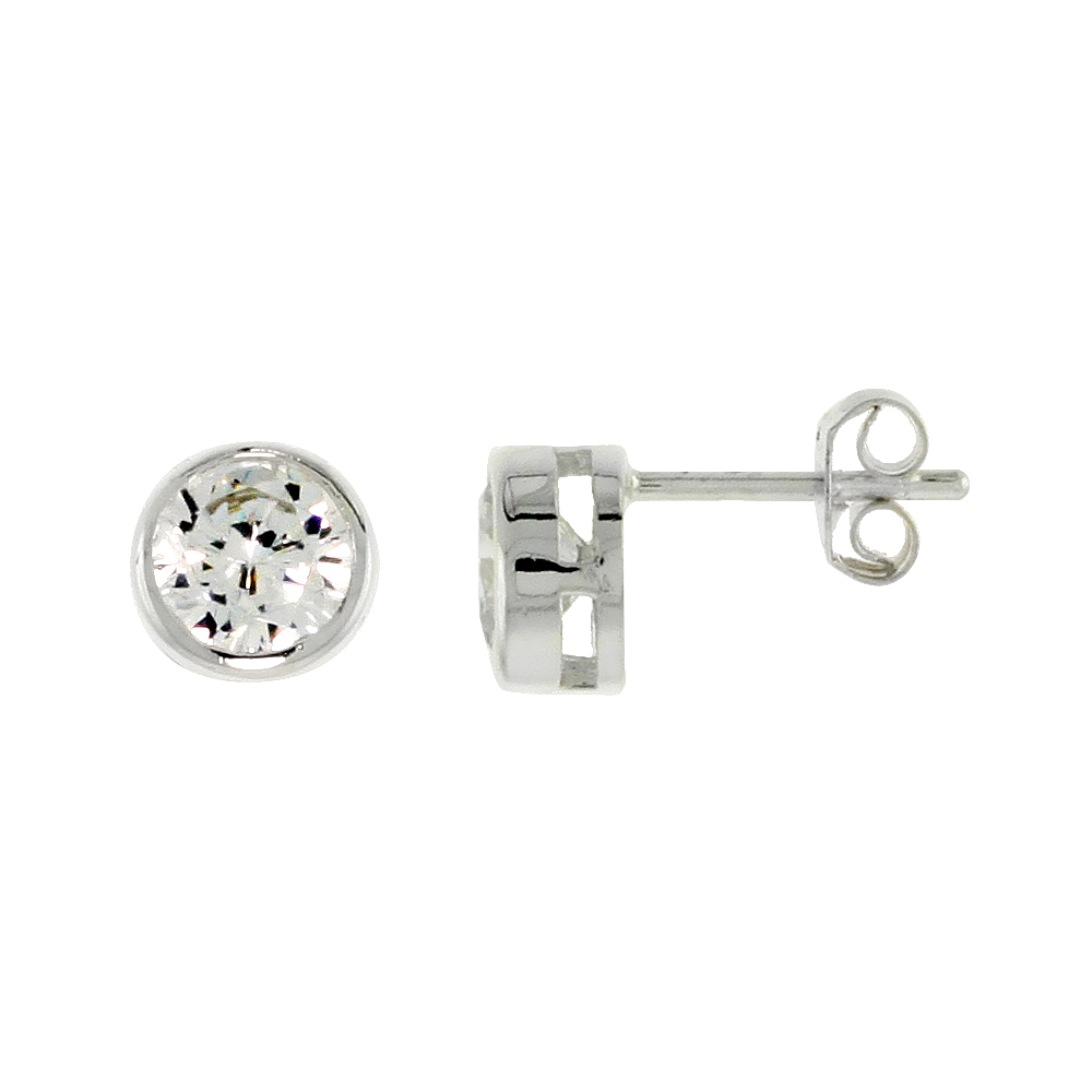 Sterling Silver Cubic Zirconia Earrings Studs 6 mm Bezel Set 2 carat/pr