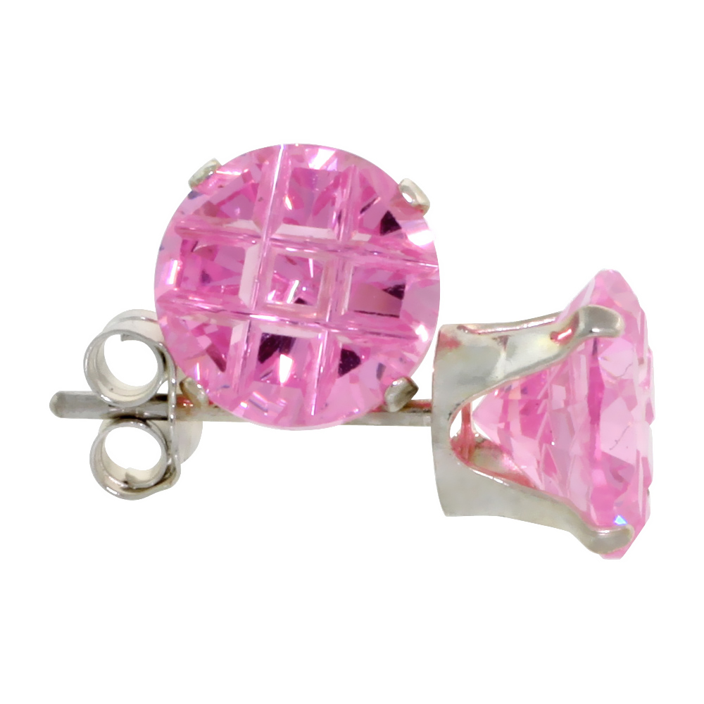 Sterling Silver Cubic Zirconia Pink Earrings Studs Invisible Cut 2.5 carat/pair