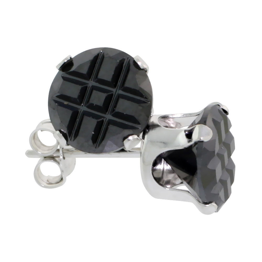 Sterling Silver Cubic Zirconia Black Earrings Studs Invisible cut 2.5 carat/pair
